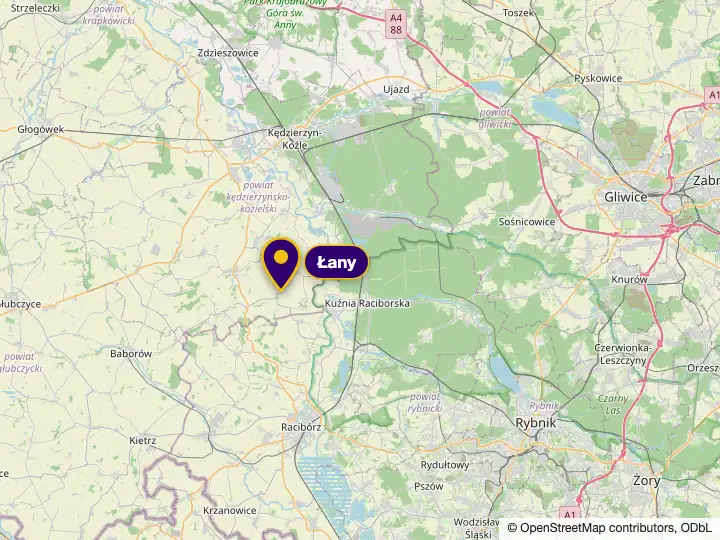 Mapa regionu: Łany między Kędzierzynem-Koźlem a Raciborzem, na wschód Gliwice
